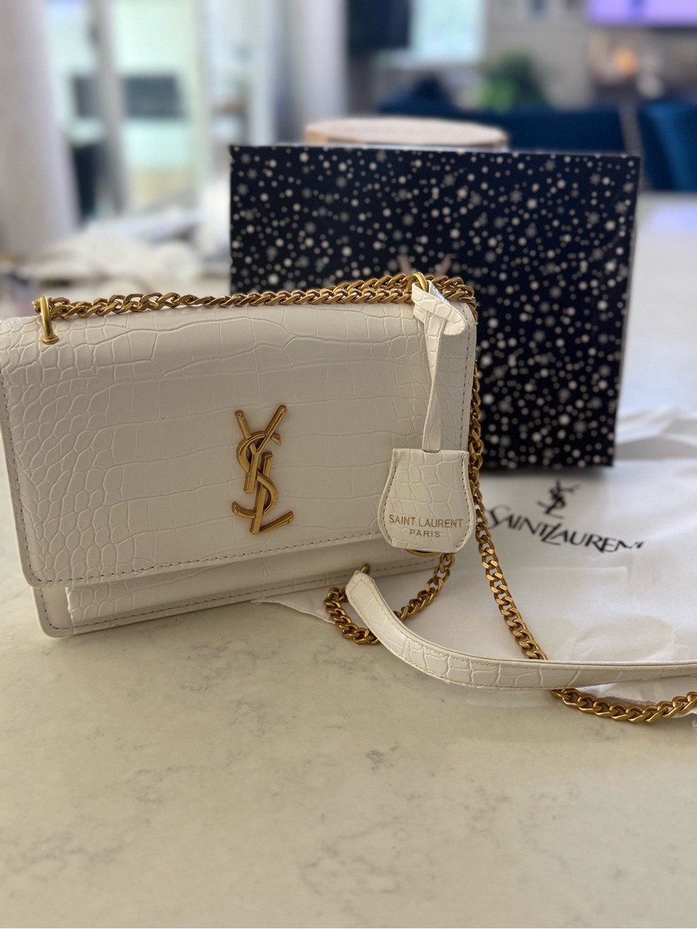 White Croc-Embossed Chain Crossbody Bag